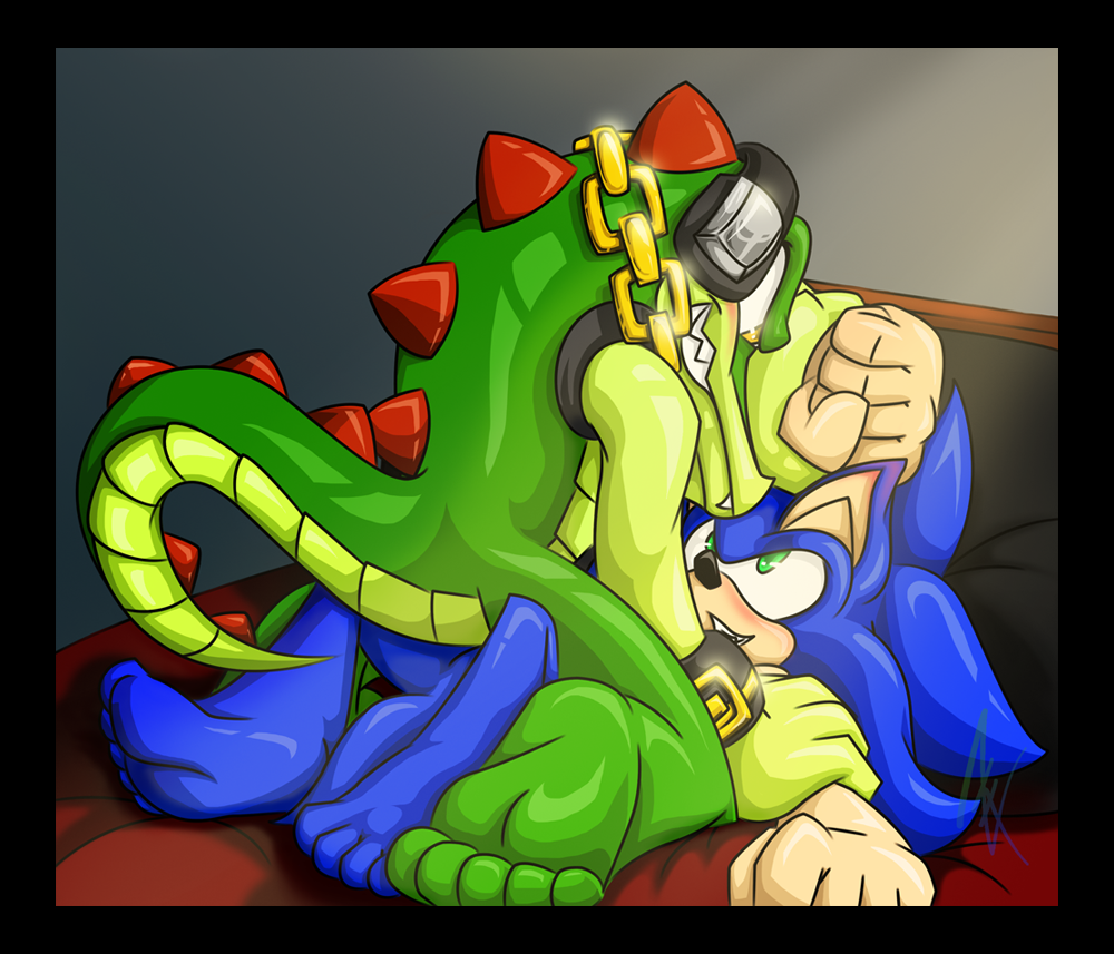 anthro bed blue_hair chaotix cowgirl_position crocodile eye_contact gay green_eyes green_scales hair headphones hedgehog hindpaw interspecies lying madammiakoda madamsyren male mammal nude on_back on_top paws penetration plantigrade reptile scalie sega sex soles sonic_(series) sonic_the_hedgehog straddling toes vector_the_crocodile