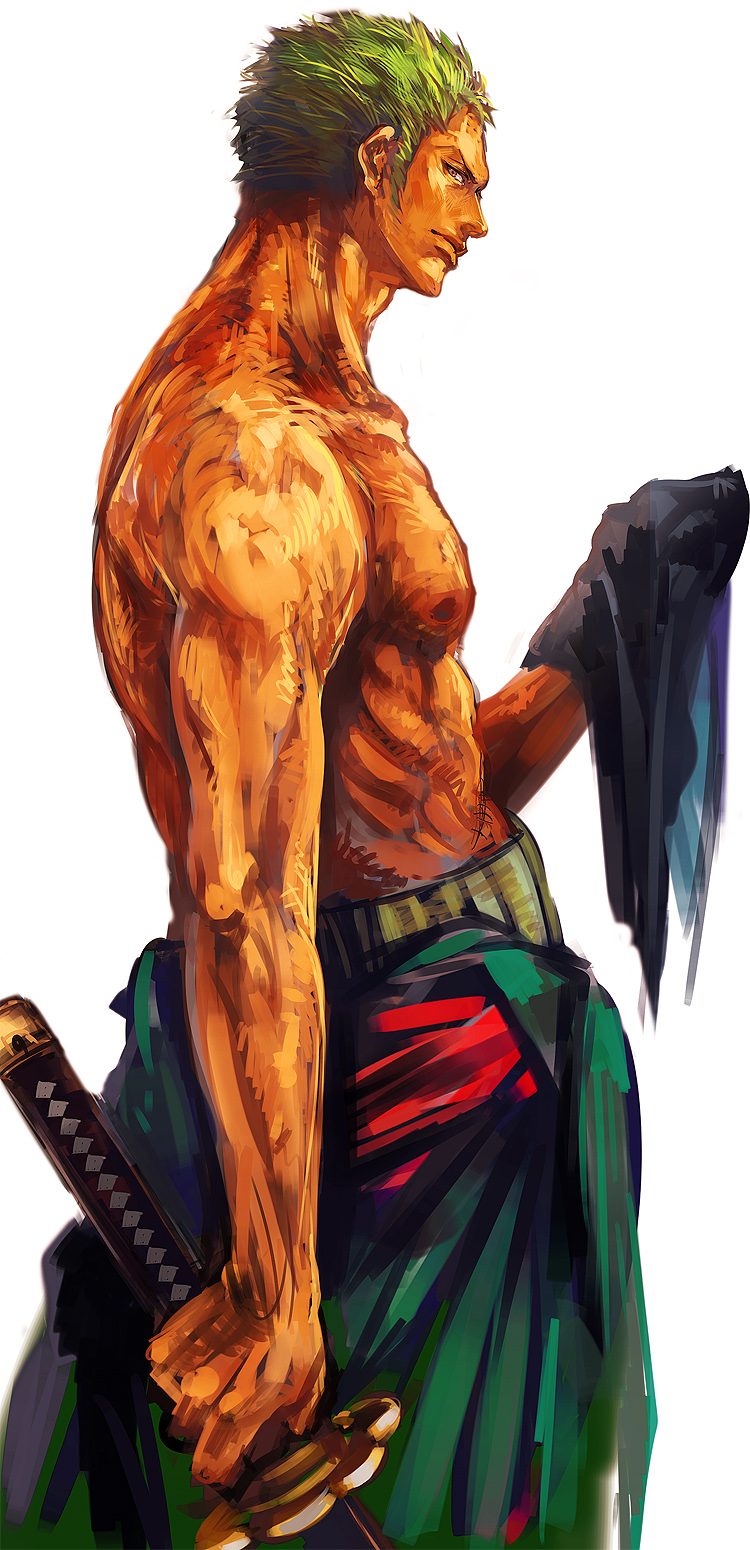 bad_id bad_pixiv_id cloth clothes_around_waist collarbone green_eyes green_hair haramaki highres katana light_smile looking_at_viewer male_focus muscle one_piece roronoa_zoro shirtless simple_background sketch solo sword tsuyomaru weapon