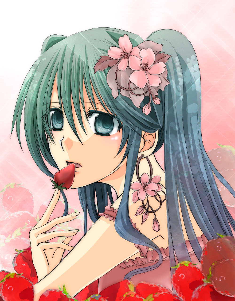 aqua_eyes aqua_hair bad_id bad_pixiv_id cherry_blossoms earrings flower food fruit green_hair hair_flower hair_ornament hatsune_miku highres jewelry long_hair solo strawberry twintails vocaloid