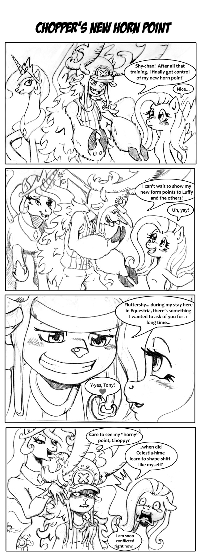 &lt;3 anthro anthrofied antlers black_and_white blush chopper comic crossover crown cutie_mark dialog english_text equine female feral fluttershy_(mlp) friendship_is_magic group half-closed_eyes hat horn horse irie-mangastudios magic male mammal monochrome my_little_pony one_piece open_mouth pegasus pony princess princess_celestia_(mlp) royalty text tony_tony_chopper transformation wing_boner wingboner winged_unicorn wings