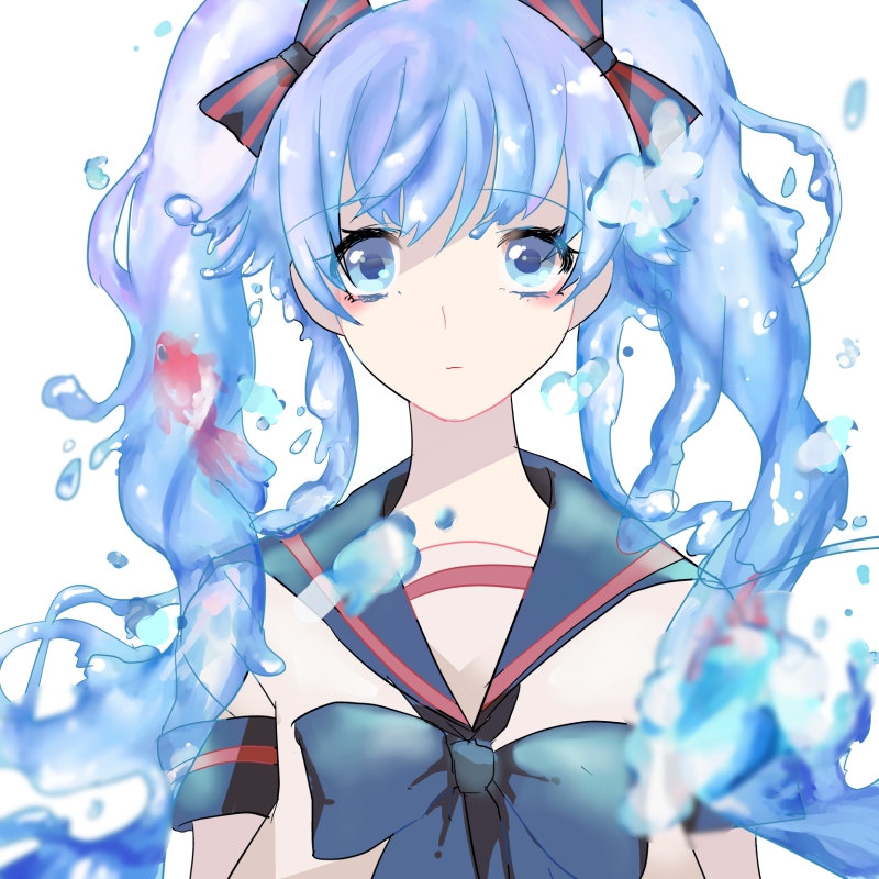 bad_id bad_pixiv_id blue_eyes blue_hair bottle_miku fish hair_ribbon hatsune_miku liquid_hair long_hair ribbon school_uniform serafuku simple_background solo twintails upper_body usashi vocaloid water white_background