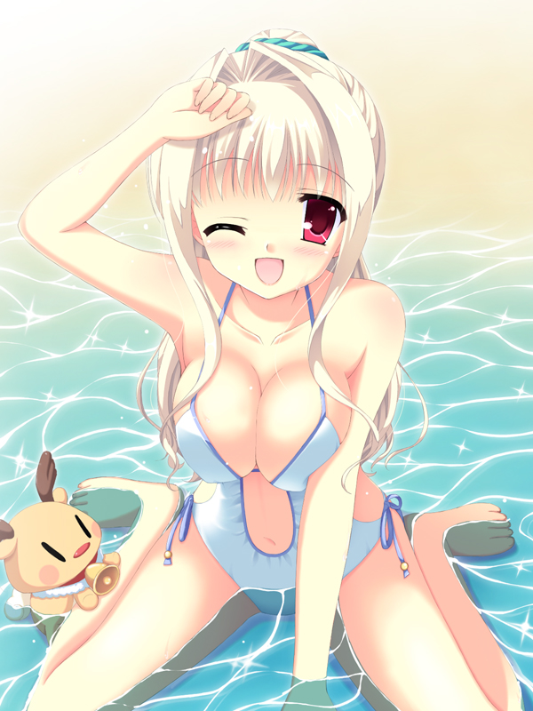 ;d bare_shoulders barefoot beach blonde_hair blush breasts casual_one-piece_swimsuit center_opening cleavage collarbone da_capo da_capo_iii hair_ribbon high_ponytail large_breasts long_hair looking_at_viewer navel nora_(otome70121) one-piece_swimsuit one_eye_closed open_mouth red_eyes ribbon sitting smile solo swimsuit wariza water wet yoshino_charles