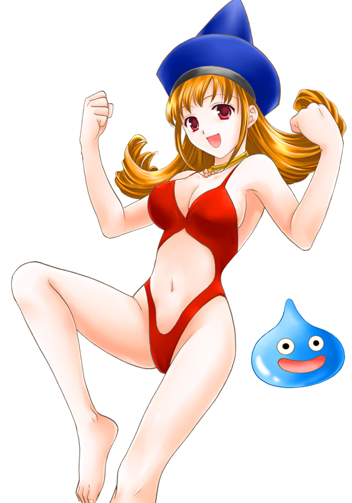 :d alena_(dq4) armpits bangs barefoot beads bikini black_eyes blush breasts casual_one-piece_swimsuit cleavage clenched_hands dragon_quest dragon_quest_iv feet groin hat highleg highleg_swimsuit jewelry large_breasts leg_lift long_hair looking_at_viewer navel navel_cutout necklace one-piece_swimsuit ooshima_towa open_mouth orange_hair raised_fist red_eyes red_swimsuit revealing_swimsuit_(dq) sideboob sidelocks simple_background slime_(dragon_quest) smile solo swimsuit white_background