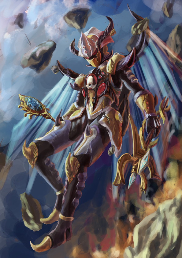 armor dual_wielding duel_monster evilswarm_kerykeion holding leorox red_eyes solo staff wings yuu-gi-ou