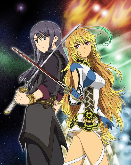 1girl ahoge belt black_eyes black_hair blonde_hair bracelet expressionless gloves green_hair jacket jewelry left-handed long_hair milla_maxwell miniskirt multicolored_hair pants red_eyes skirt sword tales_of_(series) tales_of_vesperia tales_of_xillia tales_of_xillia_2 tempyou_kango two-tone_hair weapon yuri_lowell