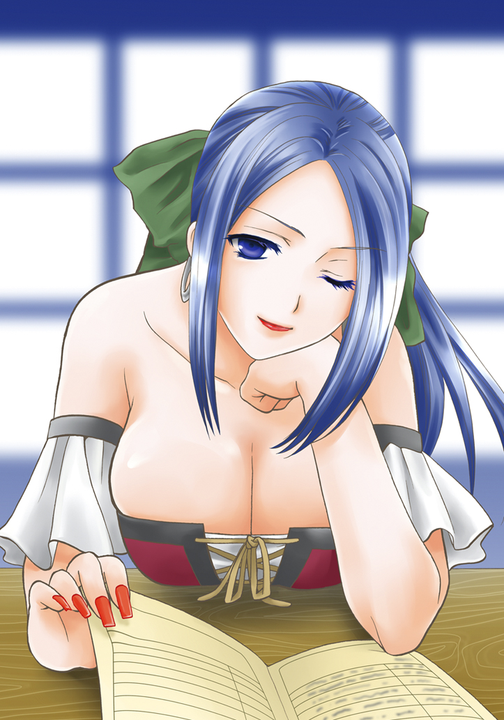 bare_shoulders blue_eyes blue_hair bow breasts chin_rest cleavage dragon_quest dragon_quest_ix earrings fingernails hair_bow hoop_earrings jewelry large_breasts looking_at_viewer menu nail_polish one_eye_closed ooshima_towa ruida solo