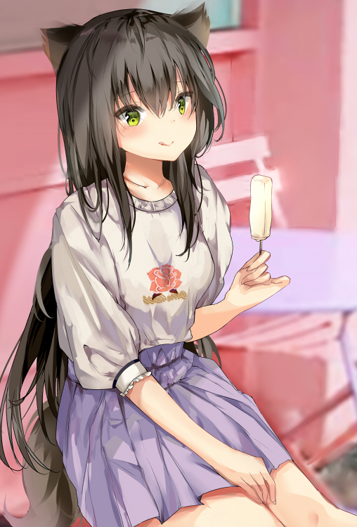 1girl :q animal_ears bench black_hair blurry blush closed_mouth commentary_request depth_of_field food fox_ears fox_tail frilled_sleeves frills green_eyes grey_shirt holding holding_food long_hair looking_at_viewer original pleated_skirt pon_(ponidrop) popsicle puffy_sleeves purple_skirt shade shirt shirt_tucked_in sidelocks sitting skirt smile solo tail thighs tongue tongue_out