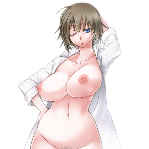 1girl areolae blue_eyes bottomless breasts brown_hair female huge_breasts labcoat lowres mound_of_venus navel nipples no_bra no_panties open_clothes original pubic_hair puffy_nipples samsara_(ring) short_hair simple_background solo standing white_background white_coat wink