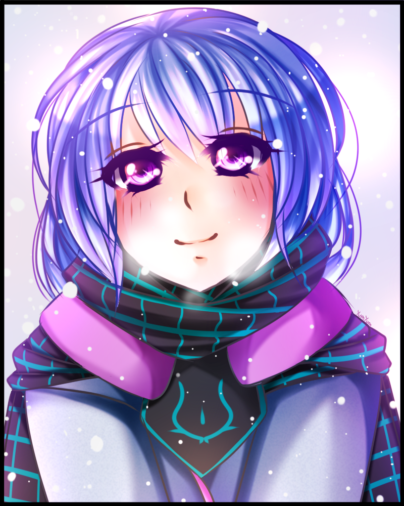 althea althea_(mirage_noir) blue_hair braid cape mirage_noir purple_eyes scarf smile snow tagme