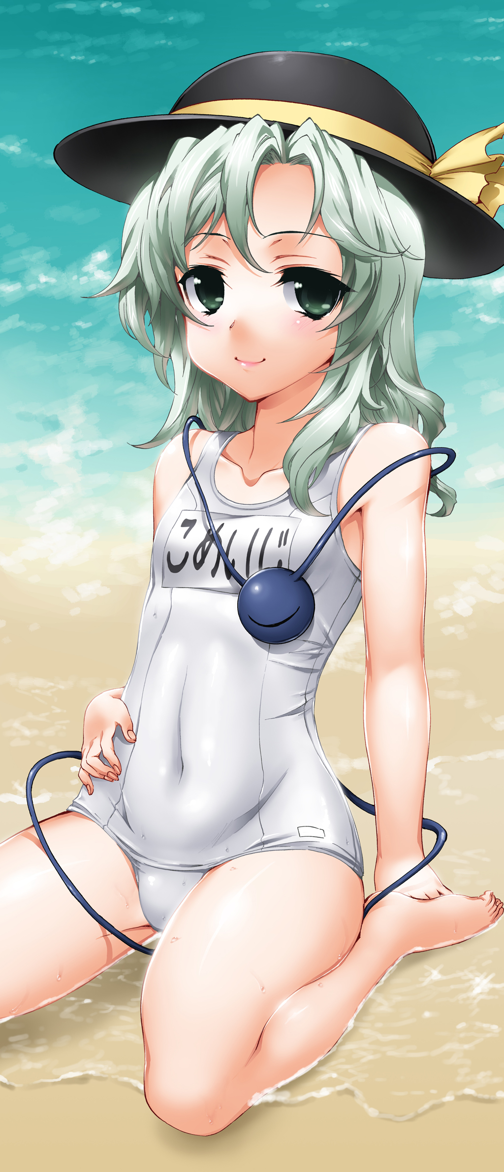 beach blush bow byeontae_jagga covered_navel green_eyes green_hair hat highres komeiji_koishi looking_at_viewer name_tag ocean one-piece_swimsuit school_swimsuit shiny shiny_clothes sitting skindentation smile solo swimsuit third_eye touhou wariza water white_school_swimsuit white_swimsuit