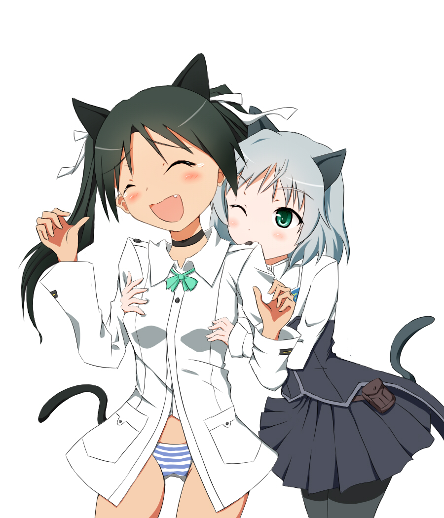 6954koiru :d ^_^ animal_ears aqua_eyes bad_id bad_pixiv_id black_legwear choker closed_eyes fang francesca_lucchini green_hair grey_hair military military_uniform multiple_girls one_eye_closed open_mouth panties pantyhose sanya_v_litvyak simple_background skirt smile strike_witches striped striped_panties tail tears tickling twintails underwear uniform white_background world_witches_series
