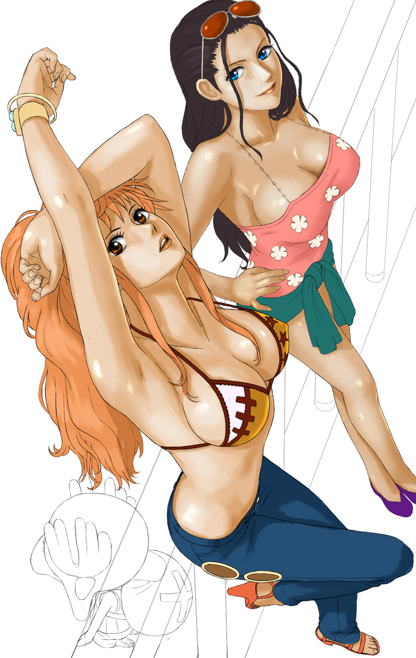 2girls antlers armpits arms_up backpack bad_id bad_pixiv_id bag bangle bare_shoulders bikini bikini_top black_hair blue_eyes bracelet breasts casual cleavage denim dutch_angle eyewear_on_head hands_on_hips hat high_heels highres jeans jewelry large_breasts log_pose long_hair looking_at_viewer looking_up multiple_girls nami_(one_piece) nico_robin one_piece orange_eyes orange_hair pants shoes sideboob simple_background sunglasses swimsuit tony_tony_chopper toten_(der_fuhrer) white_background