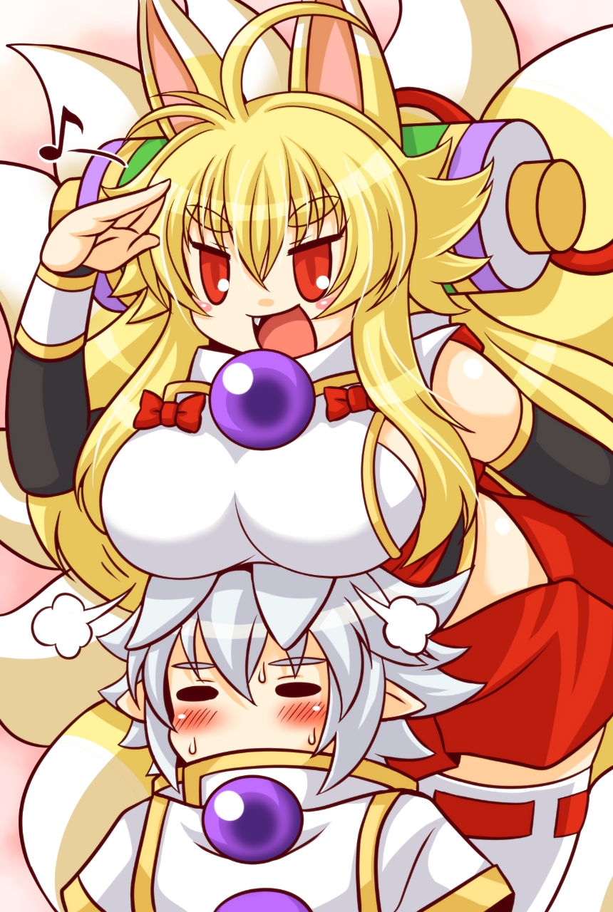 1girl ahoge animal_ears blonde_hair blush breast_rest breasts fang fox_ears fox_tail highres izuna_(shinrabanshou) japanese_clothes kittan_(cve27426) large_breasts long_hair mother_and_son multiple_tails musical_note open_mouth pointy_ears red_eyes sai_(shinrabanshou) shinrabanshou short_hair silver_hair tail thighhighs