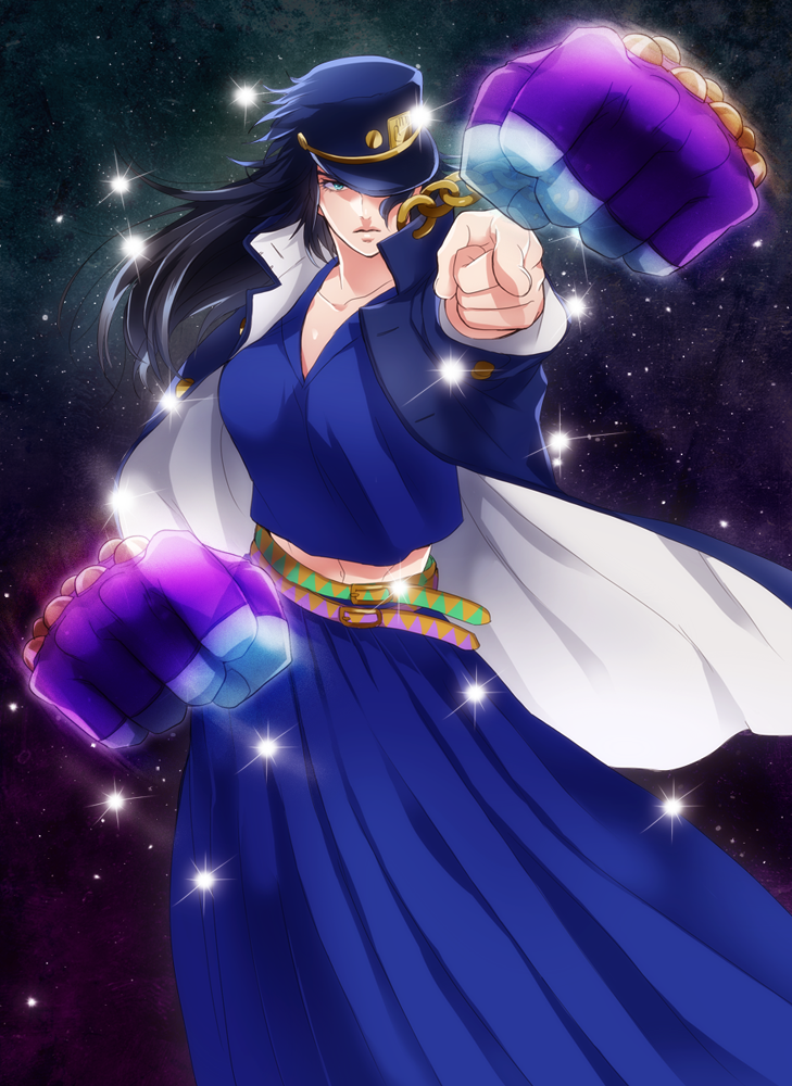 bad_id bad_pixiv_id black_hair blue_eyes clenched_hands genderswap genderswap_(mtf) hat isamu jojo_no_kimyou_na_bouken kuujou_joutarou long_hair long_skirt pointing school_uniform skirt stand_(jojo) star_platinum