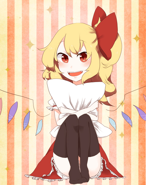 black_legwear blonde_hair bloomers bow fang flandre_scarlet hair_bow monako_(uma_speech) open_mouth pillow pillow_hug red_eyes side_ponytail sitting smile solo sparkle striped striped_background thighhighs touhou underwear vertical-striped_background vertical_stripes wings