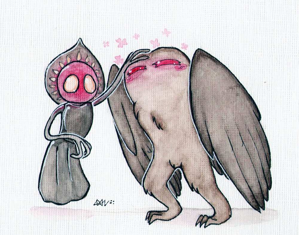 alien ambiguous_gender avian awesomecuza blush cryptid cryptozoology cute dress flatwoods_monster hovering monster mothman not_furry petting red_eyes wings