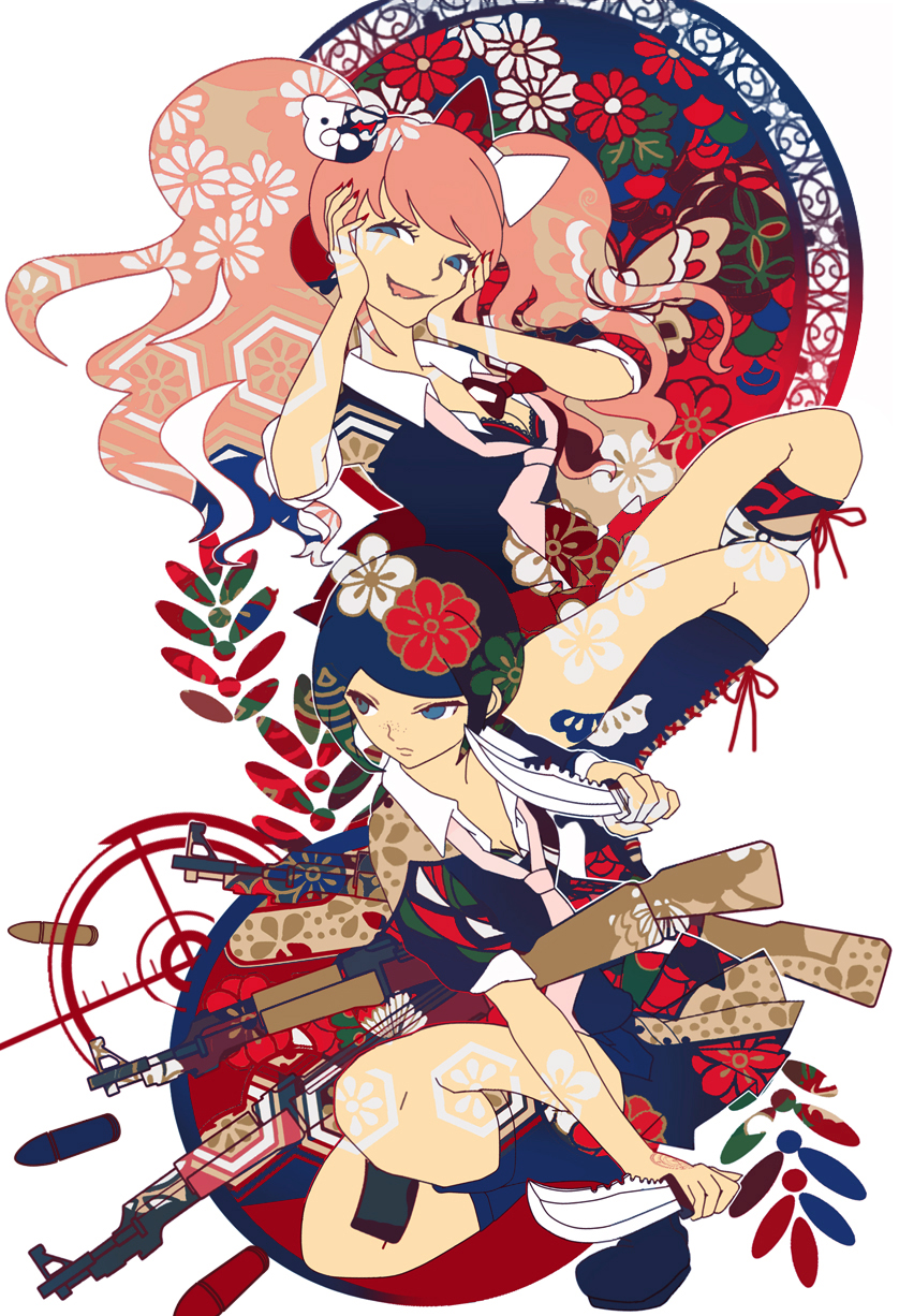 ak-47 assault_rifle bad_id bad_pixiv_id black_hair blue_eyes boots bourbone bow breasts bug bullet butterfly cleavage danganronpa danganronpa_1 drooling enoshima_junko floral_print freckles gun hair_bow hair_ornament hexagon highres ikusaba_mukuro insect knife medium_breasts multiple_girls necktie pink_hair rifle school_uniform siblings sisters sleeves_rolled_up spoilers squatting twintails unmoving_pattern weapon