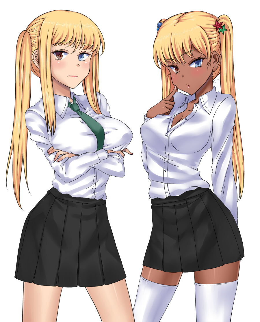 2girls blonde_hair blue_eyes blush breast_hold breasts brown_eyes cleavage dark_skin frown hair_bobbles hair_ornament heterochromia kogal large_breasts long_hair maru_(maruttona) multiple_girls necktie open_mouth original payot pointing school_uniform siblings sidelocks simple_background sisters skirt standing thighhighs thighs twins twintails white_background white_legwear zettai_ryouiki