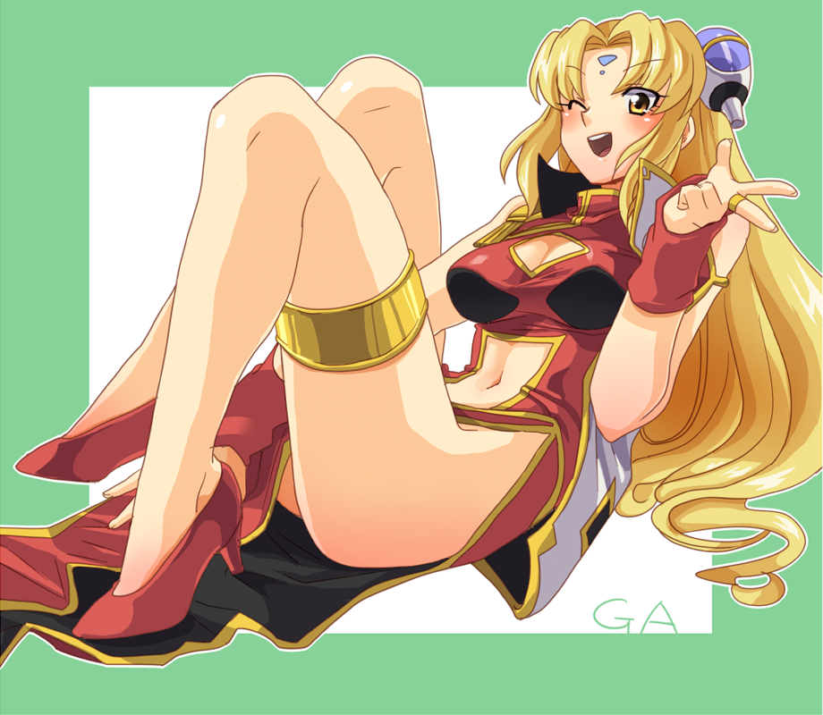 ;d bad_id bad_pixiv_id blonde_hair breasts cleavage_cutout dress full_body galaxy_angel high_heels jacket katsuoboshi knees_up long_hair looking_at_viewer medium_breasts navel_cutout no_panties no_socks one_eye_closed open_mouth pelvic_curtain ranpha_franboise reclining round_teeth sitting sleeveless sleeveless_dress smile solo teeth thighlet very_long_hair wavy_hair yellow_eyes