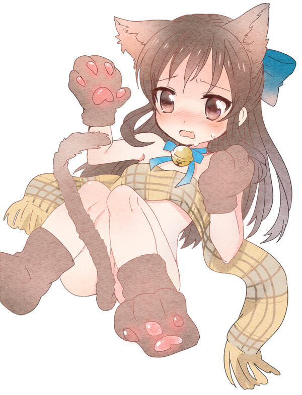 animal_ears bad_id bad_pixiv_id bell blush bow brown_eyes brown_hair cat_ears cat_tail hair_bow idolmaster idolmaster_cinderella_girls long_hair melompan nude paws scarf solo tachibana_arisu tail