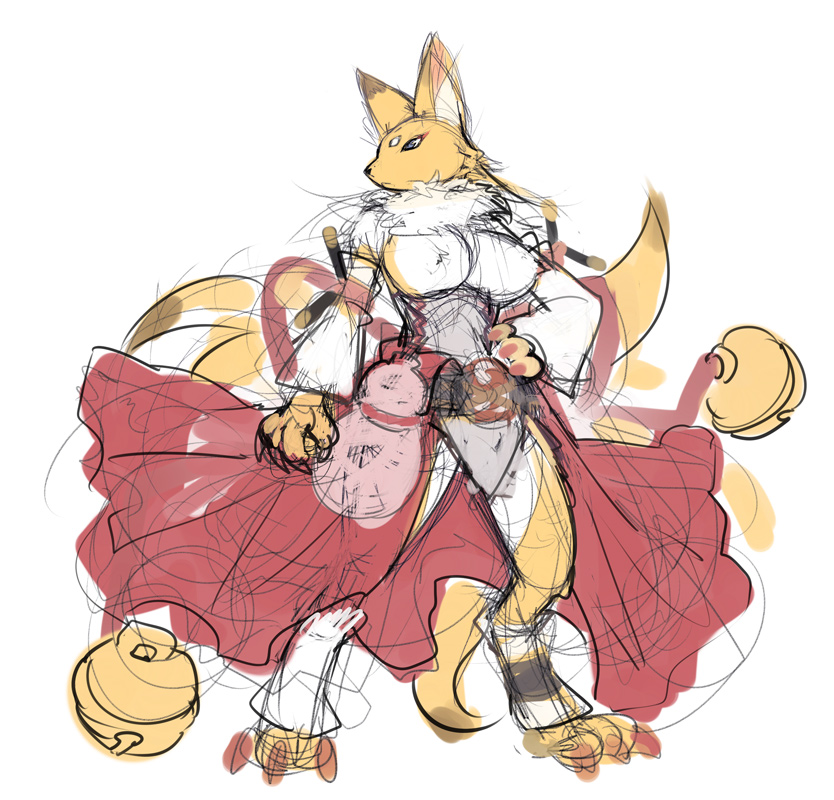 animal_ears blue_eyes breasts character_request copyright_request corset detached_sleeves facial_mark forehead_mark fox_ears fox_tail furry gourd hand_on_hip kitsune kyuubi large_breasts long_skirt mel/a multiple_tails sketch skirt solo tail topless