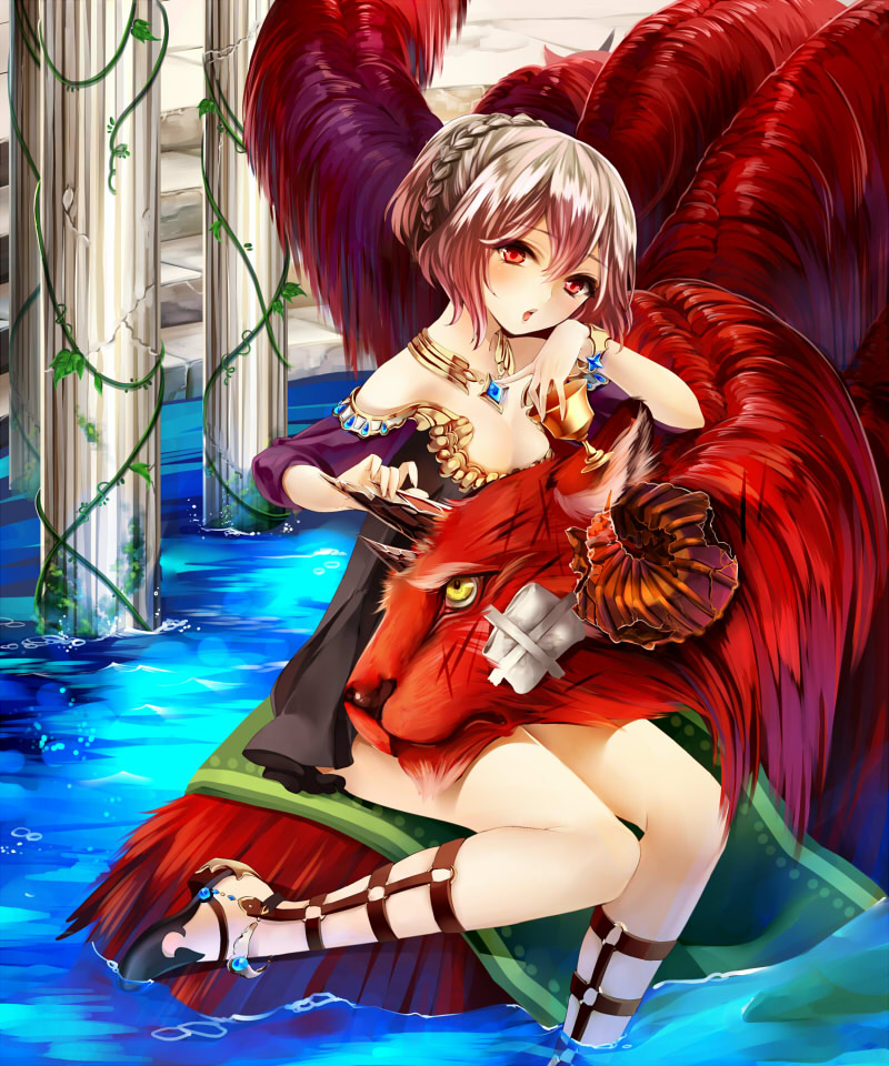 bad_id bad_pixiv_id bandages braid chalice jewelry monster necklace open_mouth original pink_hair red_eyes short_hair sitting solo toi_(4089597) water yellow_eyes