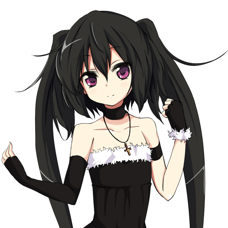 amano_kouki black_hair choker cross fingerless_gloves flat_chest gloves jewelry long_hair looking_at_viewer necklace note-chan original purple_eyes simple_background smile solo twintails very_long_hair white_background