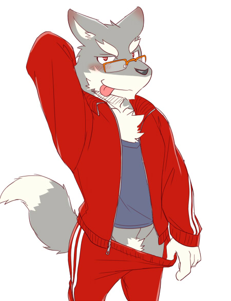 blush canine clothing eyewear glasses hair_tuft kemono looking_at_viewer male mammal plain_background red_eyes shirt smile tongue tongue_out tounge_out undressing unknown_artist white_background wolf