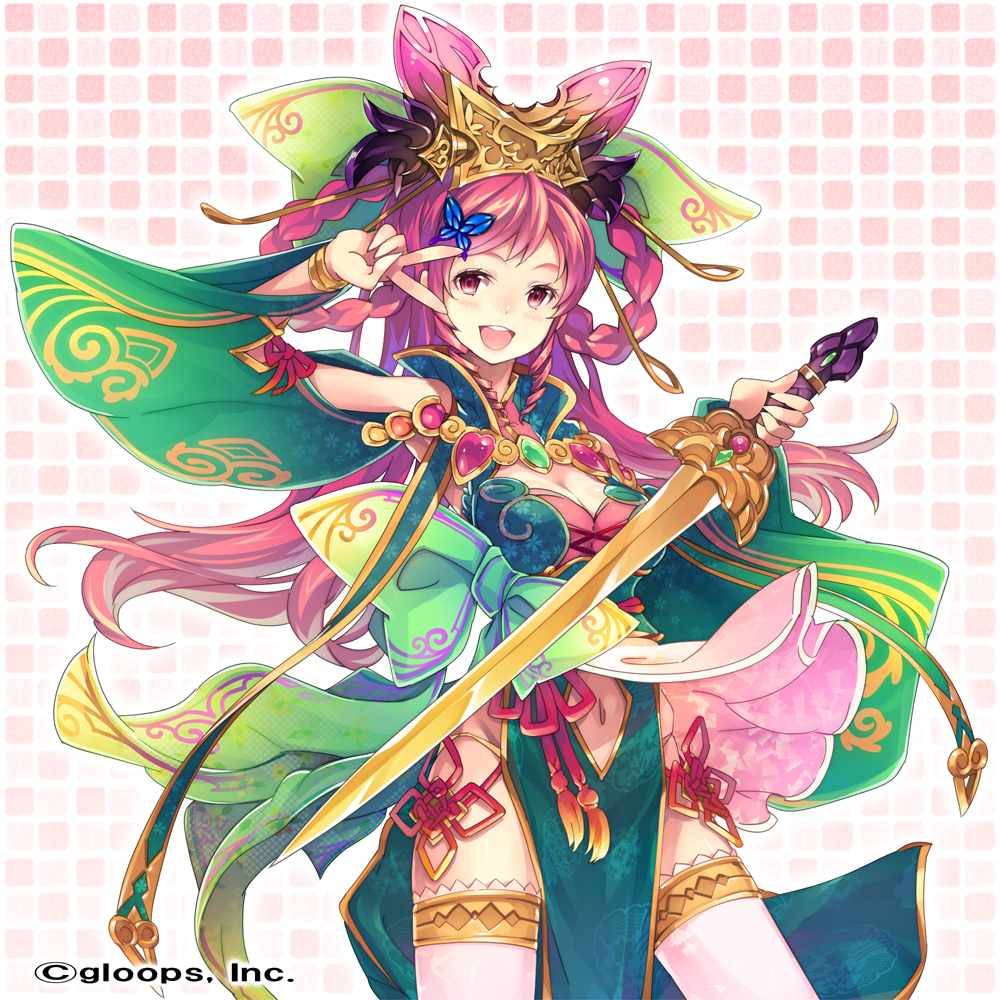 blush braid bug butterfly daisenran!!_sangokushi_battle detached_sleeves hair_ornament hat insect jewelry long_hair necklace open_mouth original pink_eyes pink_hair solo super_zombie sword watermark weapon