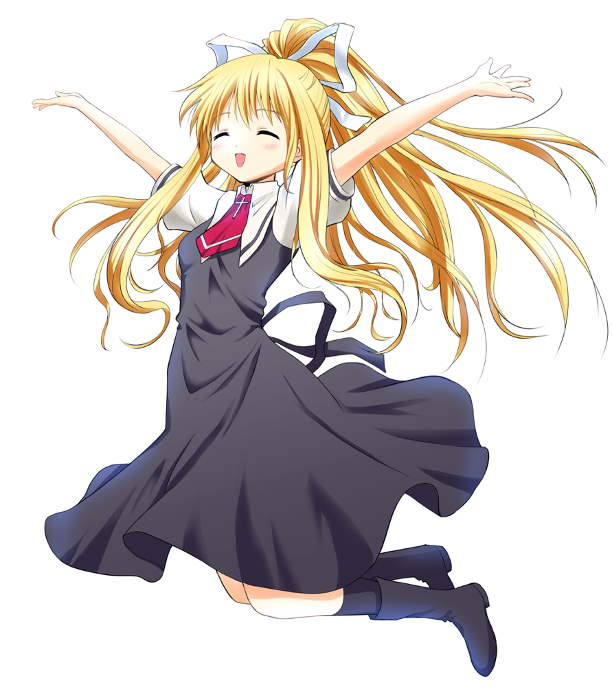 air blonde_hair boots closed_eyes hair_ribbon inumoto jumping kamio_misuzu long_hair outstretched_arms ponytail ribbon school_uniform spread_arms