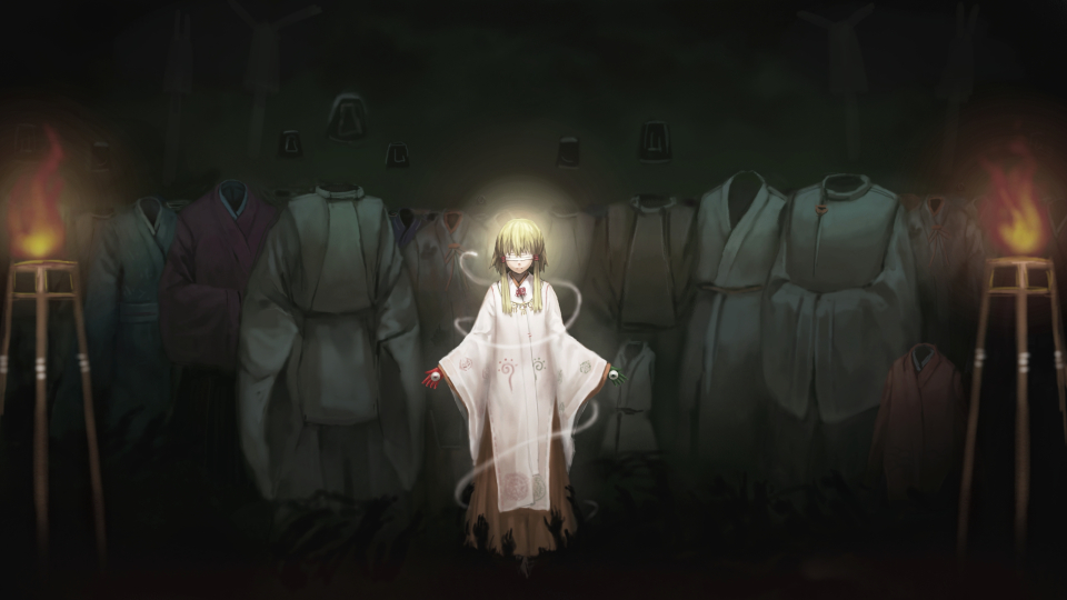 alternate_costume benitama blindfold blonde_hair ceremony chihaya_(clothing) eyeball floating halo invisible_man japanese_clothes miko moriya_suwako no_hat no_headwear outstretched_arms outstretched_hand short_hair torch touhou wide_sleeves