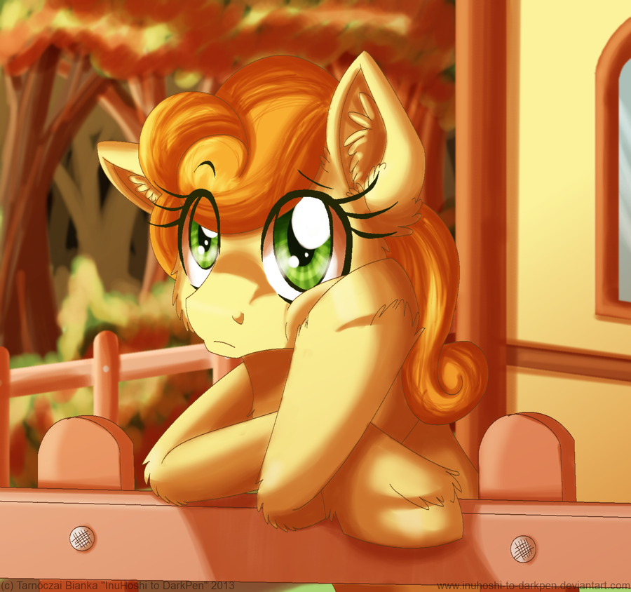 carrot_top_(mlp) equine female fence feral forest friendship_is_magic fur fuzzy green_eyes hair horse house inuhoshi-to-darkpen mammal my_little_pony orange_hair pony solo tree