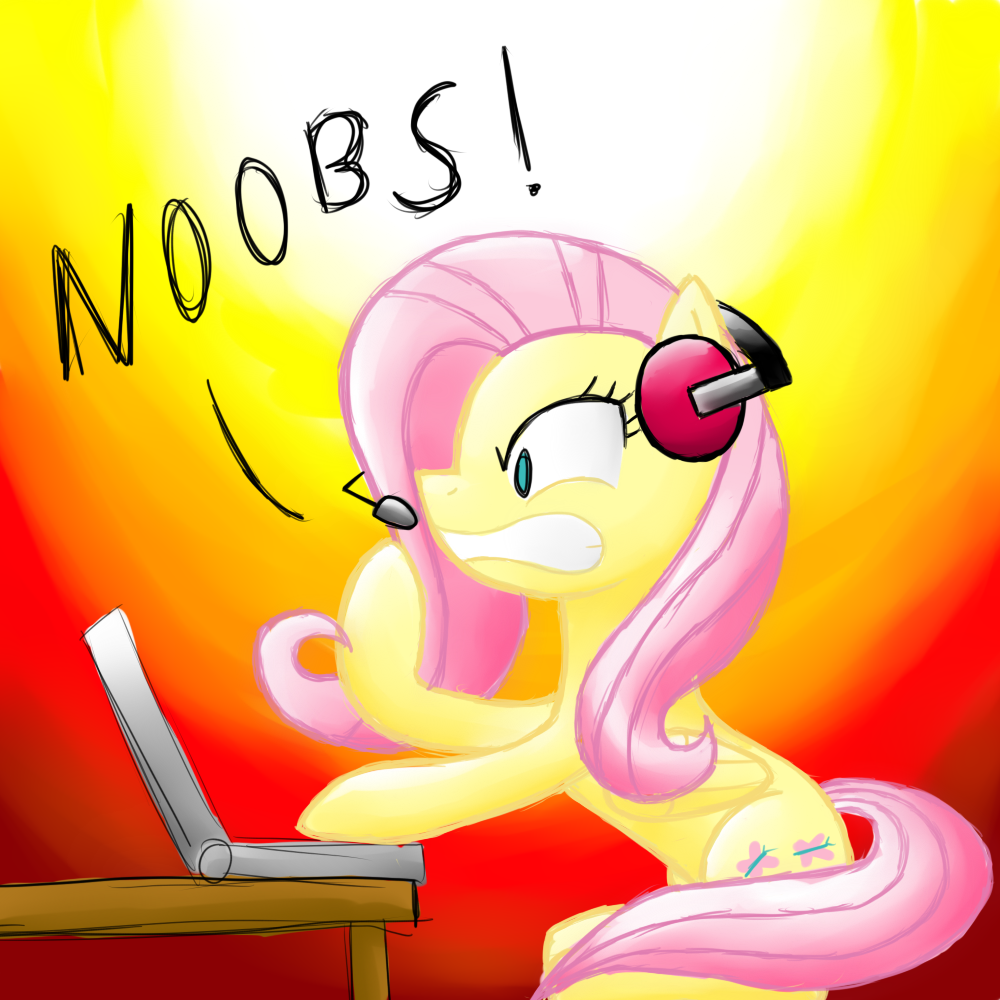 2012 angry blue_eyes computer cutie_mark english_text equine female feral fluttershy_(mlp) friendship_is_magic fur gallade77 hair headset horse long_hair mammal my_little_pony pegasus pink_hair pony solo text video_games wings yellow_fur