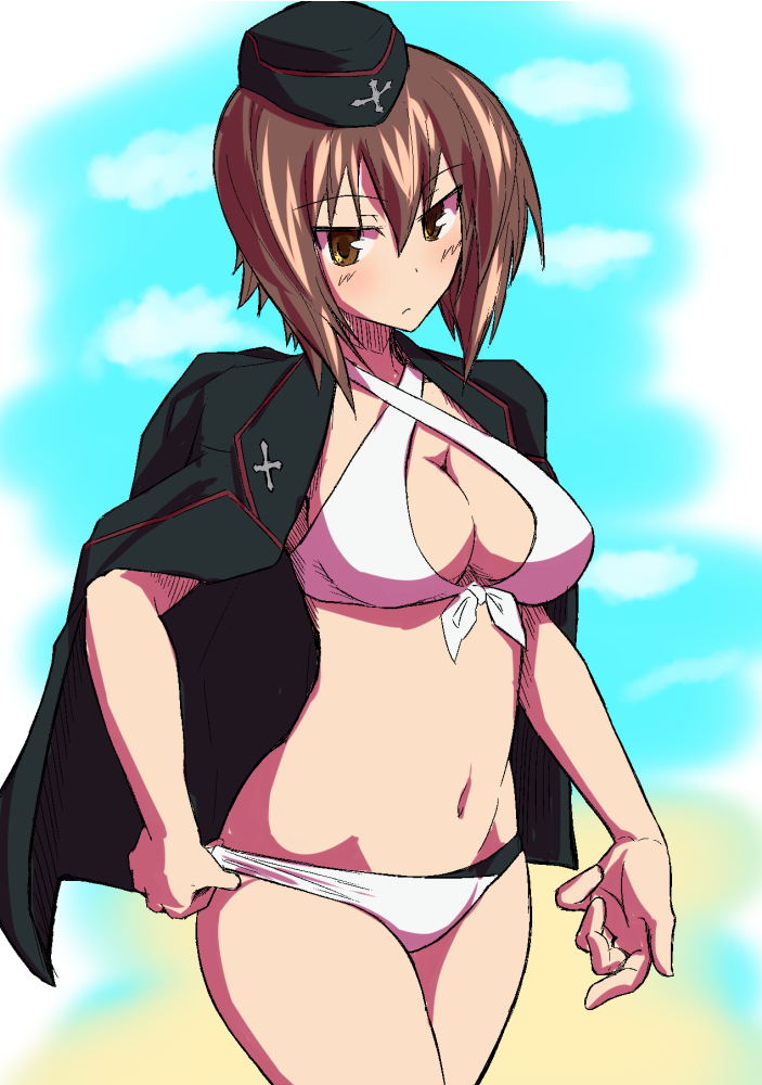 bikini breasts brown_eyes brown_hair cleavage criss-cross_halter cross front-tie_top garrison_cap girls_und_panzer halter_top halterneck hat kikunosukemaru kuromorimine_military_uniform medium_breasts military military_uniform navel nishizumi_maho short_hair solo swimsuit uniform white_swimsuit wide_hips