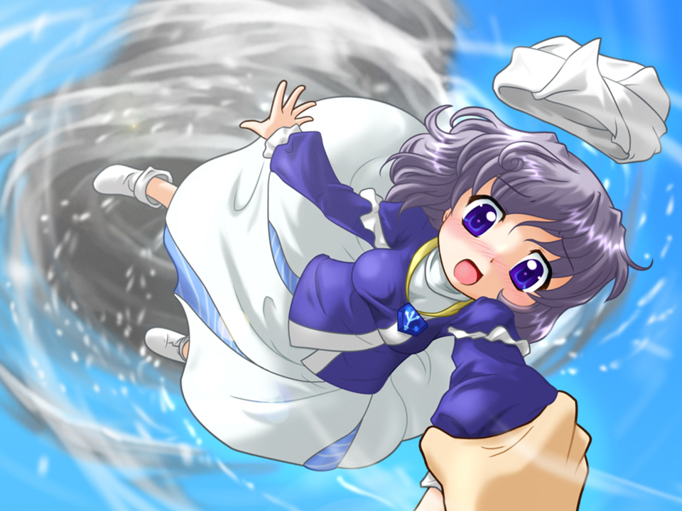 1girl alternate_costume ankle_boots blue_eyes blue_sky blush boots breasts brooch day dress hat hat_removed headwear_removed high_collar jewelry lavender_hair letty_whiterock long_sleeves looking_at_viewer medium_breasts open_mouth pov short_hair skirt sky tornado touhou touryuu_fuuki vest wrist_grab
