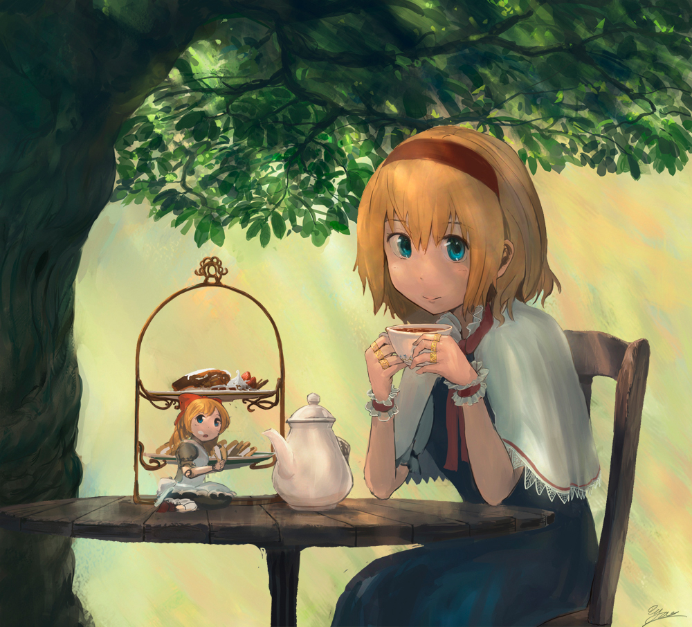 alice_margatroid bad_id bad_pixiv_id blonde_hair blue_dress blue_eyes capelet chair cookie cup doll dress food hair_ribbon hairband jewelry long_hair looking_at_viewer open_mouth ribbon ring shanghai_doll short_hair short_sleeves sitting smile solo table teacup teapot tiered_tray touhou tree wrist_cuffs you_shimizu