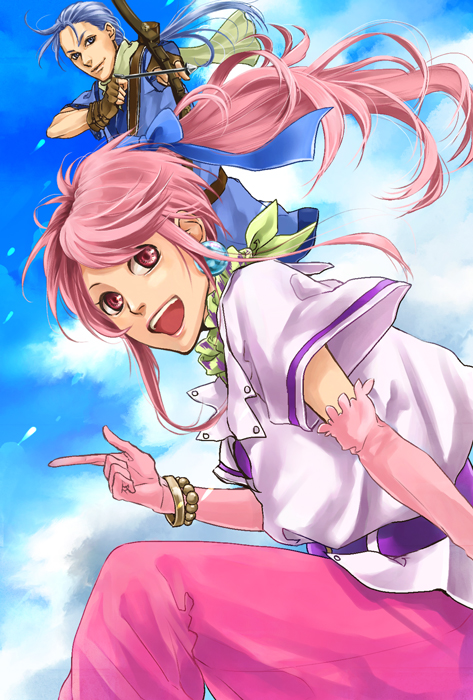 1girl arche_klein bad_id bad_pixiv_id blue_background blue_eyes blue_hair bow_(weapon) bracelet chester_barklight earrings gloves jewelry long_hair nosuke_(ikinukki) pants pink_eyes pink_hair pink_pants pointing ponytail smile tales_of_(series) tales_of_phantasia weapon