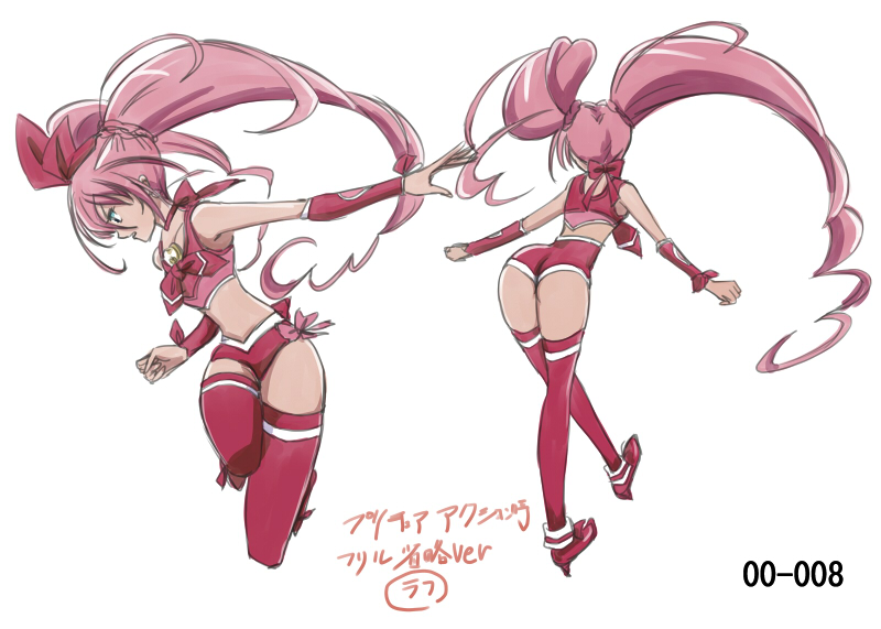 adapted_costume ass character_sheet choker cure_melody full_body h26r houjou_hibiki long_hair magical_girl midriff multiple_views pink_choker pink_hair pink_legwear precure ribbon_choker shoes short_shorts shorts suite_precure thighhighs turnaround twintails white_background