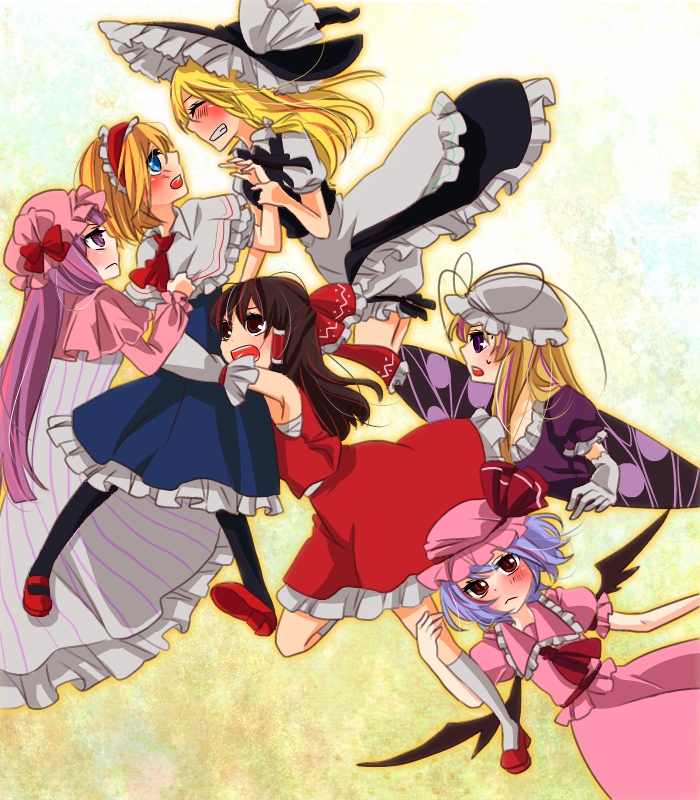 alice_margatroid bad_id bad_pixiv_id blonde_hair blush clothes_grab gap grin hakurei_reimu harem hug kirisame_marisa leg_grab multiple_girls pantyhose patchouli_knowledge remilia_scarlet smile touhou tsuno_no_hito wrist_grab yakumo_yukari yuri