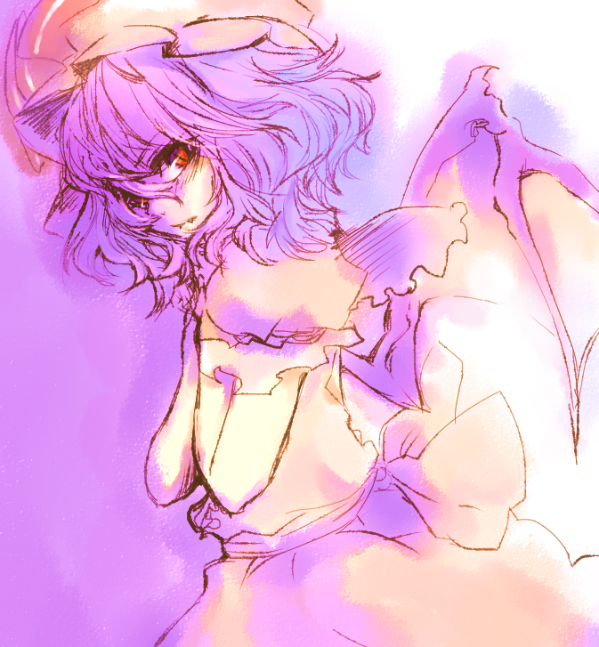 bat_wings blue_hair fang hands_on_own_chest hat purple red_eyes remilia_scarlet shiro_(hakukosui) short_hair sketch solo touhou wings