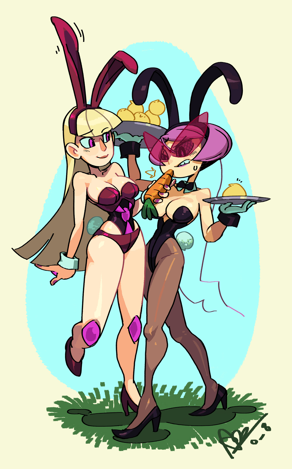 alex_ahad animal_ears bare_shoulders bird black_torch blackbody_(black_torch) blonde_hair bow bowtie breasts bunny_ears bunny_tail bunnysuit carrot chick cleavage detached_collar easter fake_animal_ears fallout_(black_torch) gloves high_heels highres hime_cut kamina_shades large_breasts lipstick long_hair makeup multiple_girls nail_polish original pantyhose pink_eyes pink_hair shoes short_hair slender_waist sunglasses tail tray wrist_cuffs