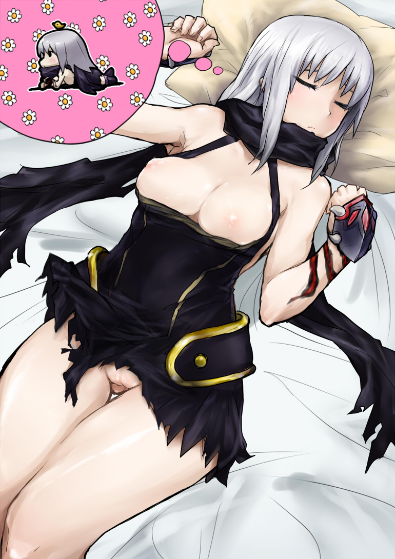 1girl bed breasts eris eyes_closed long_hair nipples pillow pussy skj uncensored white_hair