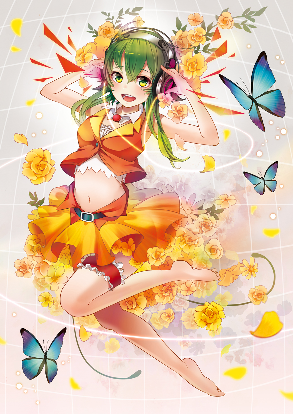 barefoot belt bug butterfly crop_top goggles green_eyes green_hair gumi hands_on_headphones headphones highres insect looking_at_viewer midriff navel open_mouth sheep_sleep short_hair skirt smile solo vocaloid
