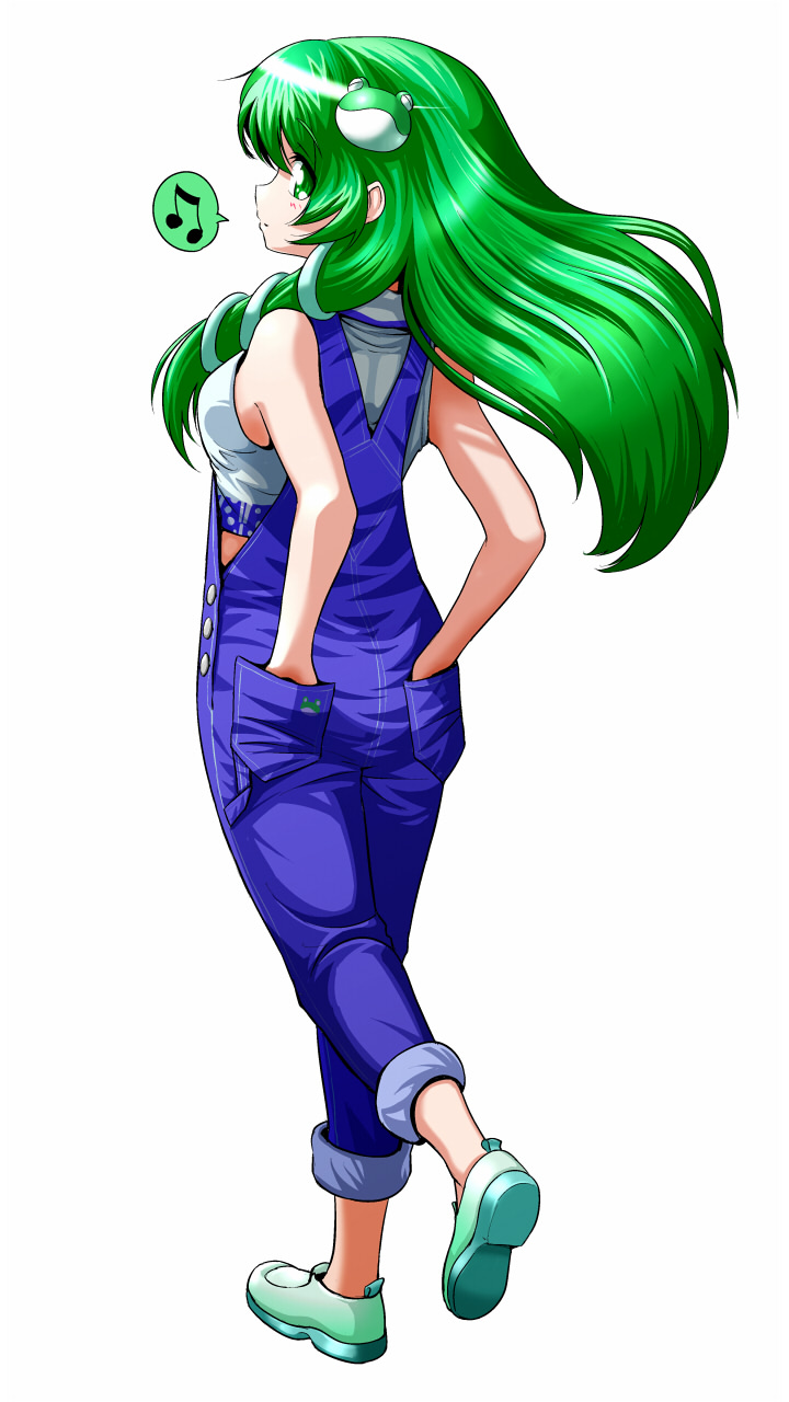 alternate_costume bad_id bad_pixiv_id bare_shoulders beamed_eighth_notes breasts frog_hair_ornament from_behind green_eyes green_hair hair_ornament hands_in_pockets highres kochiya_sanae long_hair looking_at_viewer looking_back medium_breasts musical_note no_socks nukarumi_noren overalls pants pants_rolled_up sideboob simple_background speech_bubble spoken_musical_note tank_top touhou walking_away white_background
