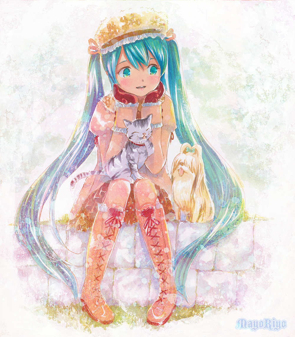 artist_name boots cat cross-laced_footwear dog gloves green_eyes green_hair hat hatsune_miku knee_boots lace-up_boots long_hair marker_(medium) mayo_riyo pigeon-toed sitting solo traditional_media twintails very_long_hair vocaloid