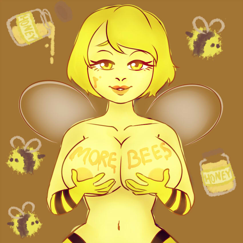 2018 5_fingers animal_humanoid anonymous_artist arthropod arthropod_humanoid bee bee_humanoid big_breasts black_stripes blonde_hair body_writing breasts brown_background clothed clothing english_text eyelashes female feral gloves hair hand_on_breast holding_breast honey humanoid humanoid_focus hymenopteran hymenopteran_humanoid insect insect_humanoid insect_wings jar looking_at_viewer meme navel nipples pursed_lips simple_background smile solo_focus stinger striped_gloves stripes text topless winged_humanoid wings yellow_eyes yellow_gloves yellow_nipples