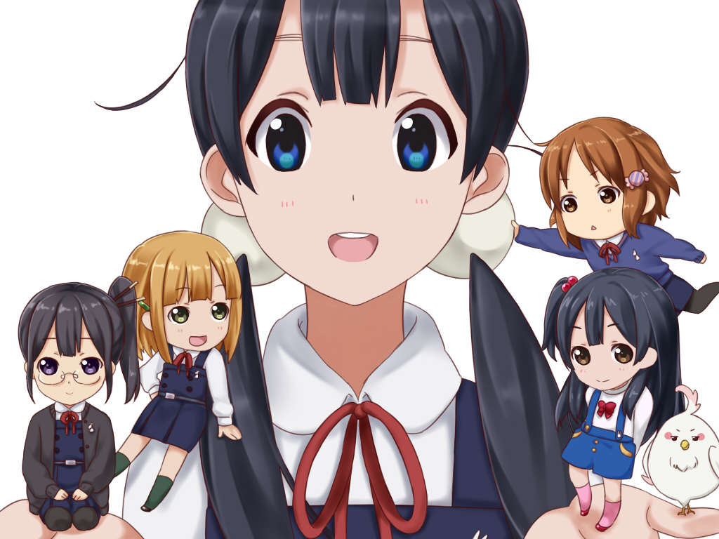 asagiri_shiori bad_id bad_pixiv_id bird black_hair blue_eyes chibi dera_mochimazzui hair_bobbles hair_ornament kitashirakawa_anko kitashirakawa_tamako long_hair low_twintails makino_kanna minigirl multiple_girls needle_(needlebomb) one_side_up school_uniform tamako_market tokiwa_midori twintails