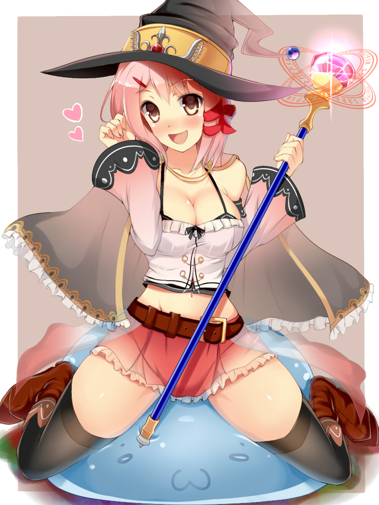 :d banned_artist belt blush boots breasts brown_eyes cape cleavage detached_sleeves fantasy fay_(fay_axl) hair_ribbon hat heart large_breasts midriff navel open_mouth original pink_hair ribbon skirt slime smile solo staff thighhighs witch_hat zettai_ryouiki