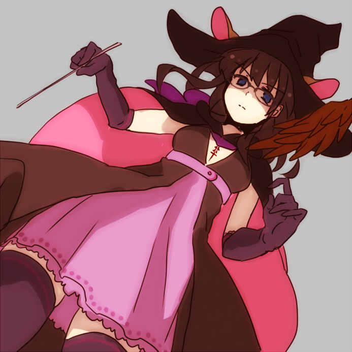 animal_ears blue_eyes breasts brown_hair buchobucho cape dress ears_through_headwear elbow_gloves fate/prototype fate_(series) glasses gloves hat long_hair medium_breasts rojiura_satsuki:_chapter_heroine_sanctuary sajou_ayaka solo thighhighs wand witch witch_hat