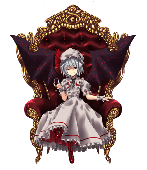 bat_wings blue_hair chair crossed_legs cup cupping_glass drinking_glass full_body hat nabeshima_tetsuhiro red_eyes remilia_scarlet short_hair sitting solo throne touhou wine_glass wings